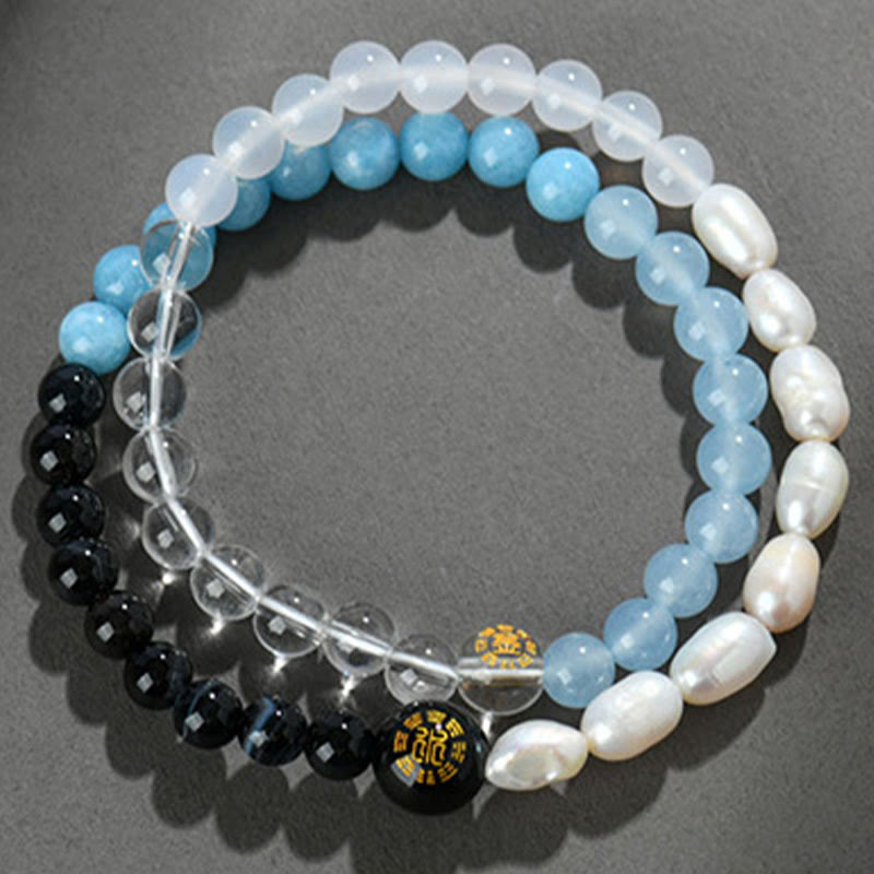 Buddha Stones Cinq éléments Divers cristal d'agate Perle Onyx noir Agate blanche Cristal blanc Bracelet porte-bonheur