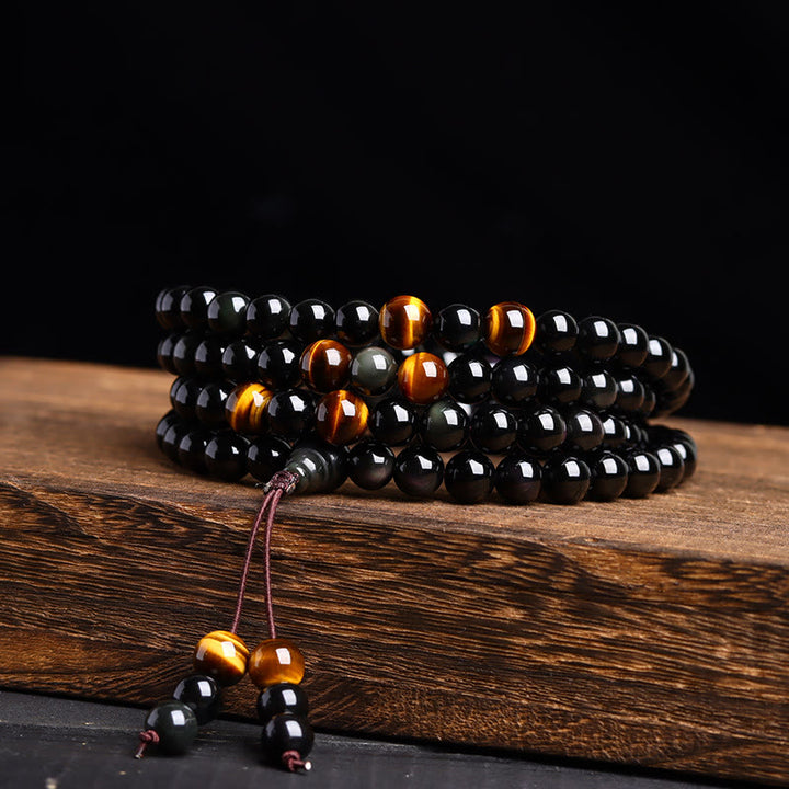 Bracelet Mala 108 perles en obsidienne noire avec Buddha Stones