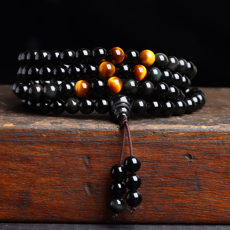 Bracelet Mala 108 perles en obsidienne noire avec Buddha Stones