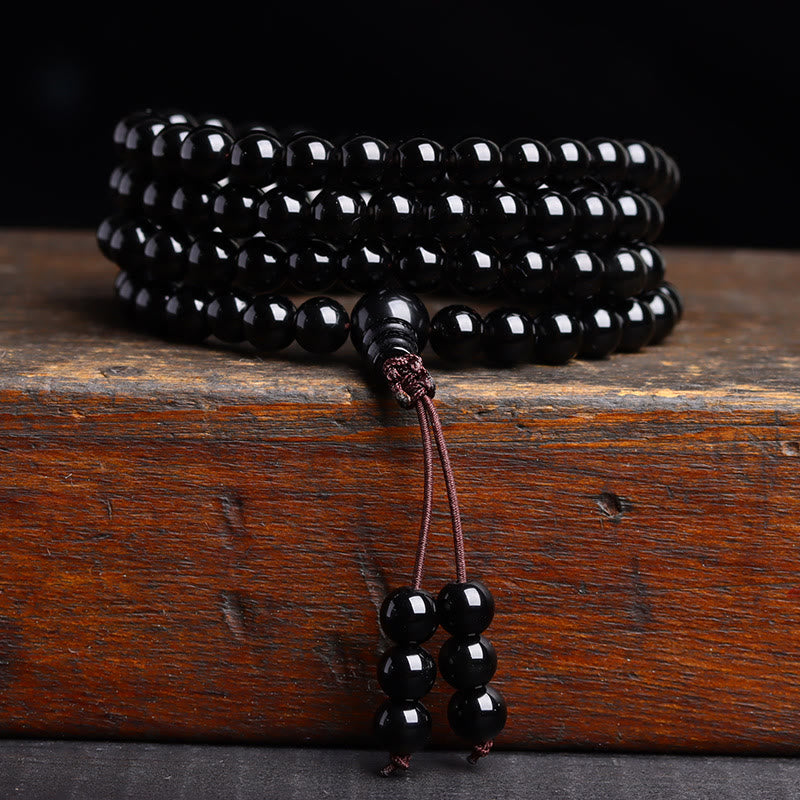 Bracelet Mala 108 perles en obsidienne noire avec Buddha Stones