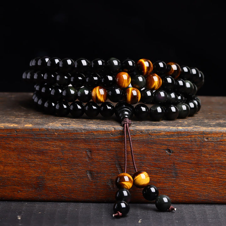 Bracelet Mala 108 perles en obsidienne noire avec Buddha Stones