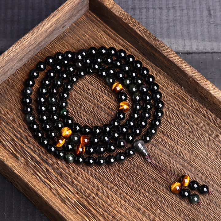 Bracelet Mala 108 perles en obsidienne noire avec Buddha Stones