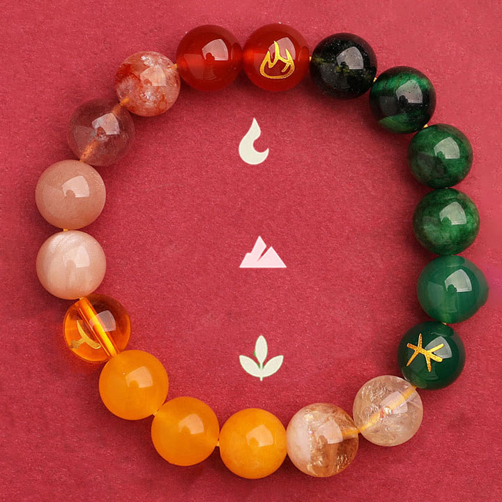 Bracelet de richesse en Buddha Stones, cinq éléments, divers cristaux d'agate, quartz vert fraise, pierre du soleil