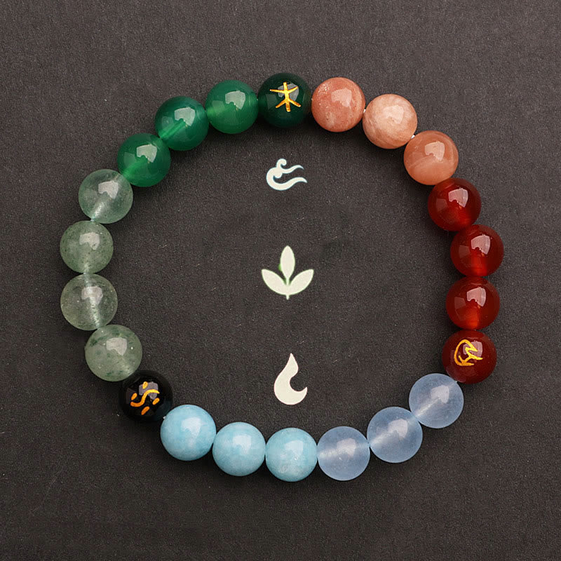 Bracelet de richesse en Buddha Stones, cinq éléments, divers cristaux d'agate, quartz vert fraise, pierre du soleil