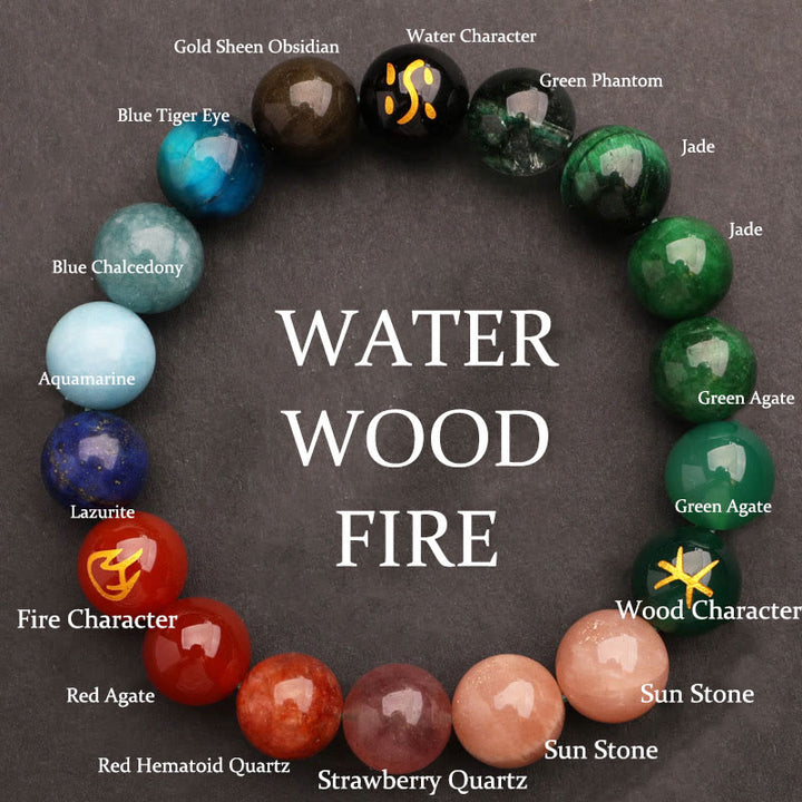 Bracelet de richesse en Buddha Stones, cinq éléments, divers cristaux d'agate, quartz vert fraise, pierre du soleil - Eau Feu Bois (Tour de poignet : 14-16 cm) - 12 mm - image 41
