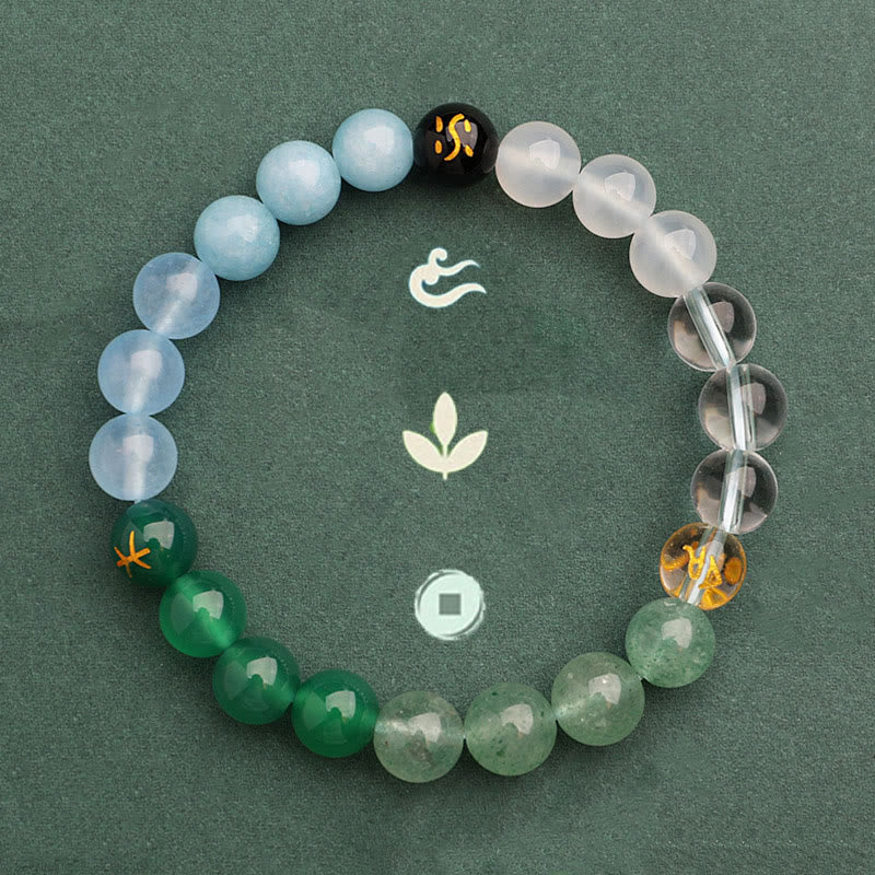 Bracelet de richesse en Buddha Stones, cinq éléments, divers cristaux d'agate, quartz vert fraise, pierre du soleil