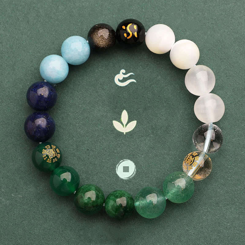 Bracelet de richesse en Buddha Stones, cinq éléments, divers cristaux d'agate, quartz vert fraise, pierre du soleil