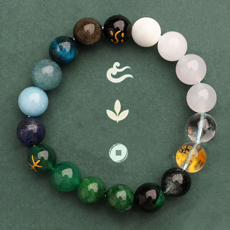 Bracelet de richesse en Buddha Stones, cinq éléments, divers cristaux d'agate, quartz vert fraise, pierre du soleil