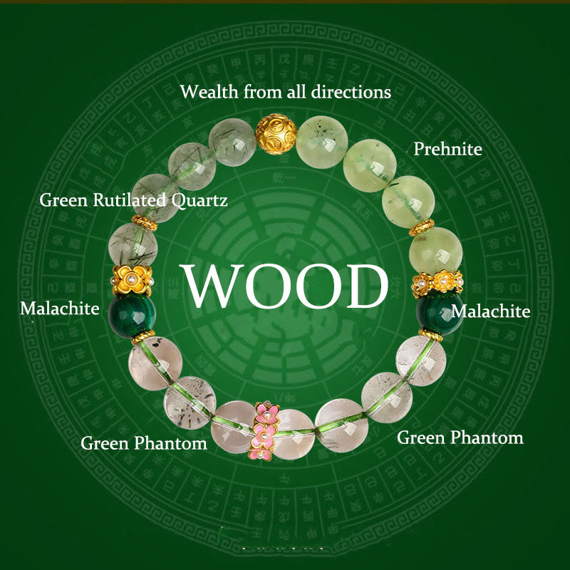 Buddha Stones Cinq éléments Divers cristal d'agate Fantôme vert Quartz rutile Agate raisin vert Bracelet porte-bonheur Malachite - Bois (Tour de poignet : 14-16 cm) - image 0