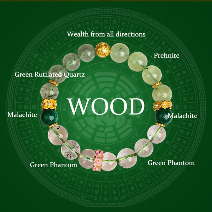 Buddha Stones Cinq éléments Divers cristal d'agate Fantôme vert Quartz rutile Agate raisin vert Bracelet porte-bonheur Malachite - Bois (Tour de poignet : 14-16 cm) - image 0