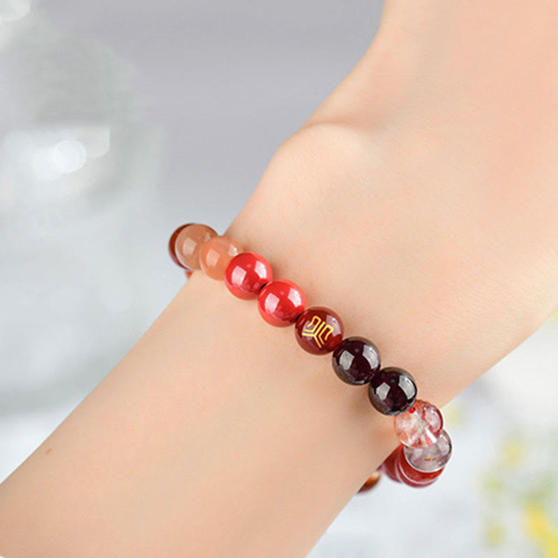 Bracelet porte-bonheur en Buddha Stones, cinq éléments, divers cristaux d'agate, quartz rutile, œil de tigre, agate jaune, citrine