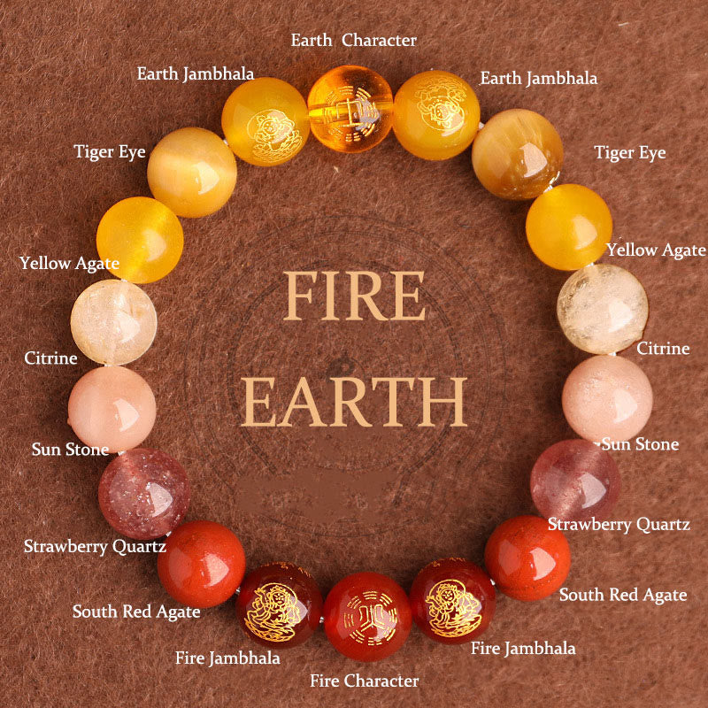 Buddha Stones Cinq éléments Divers cristal d'agate Agate rouge du Sud Quartz fraise Pierre de soleil Citrine Bracelet porte-bonheur - Fire Earth (Tour de poignet : 14-16 cm) - 12 mm - image 0