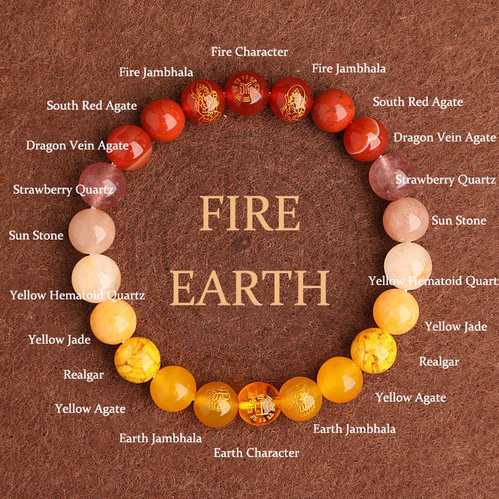 Buddha Stones Cinq éléments Divers cristal d'agate Agate rouge du Sud Quartz fraise Pierre de soleil Citrine Bracelet porte-bonheur - Fire Earth (Tour de poignet : 14-16 cm) - 8 mm - image 10