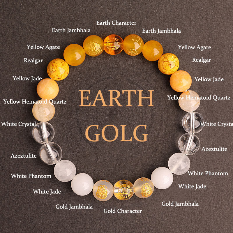 Buddha Stones Cinq éléments Divers cristal d'agate Agate rouge du Sud Quartz fraise Pierre de soleil Citrine Bracelet porte-bonheur - Gold Earth (Tour de poignet : 14-16 cm) - 8 mm - image 29