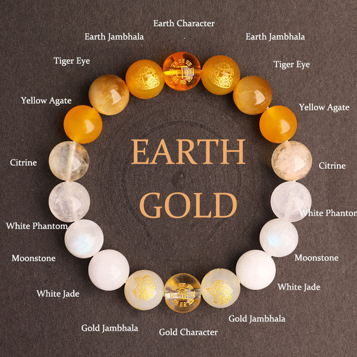 Buddha Stones Cinq éléments Divers cristal d'agate Agate rouge du Sud Quartz fraise Pierre de soleil Citrine Bracelet porte-bonheur - Gold Earth (Tour de poignet : 14-16 cm) - 10 mm - image 31