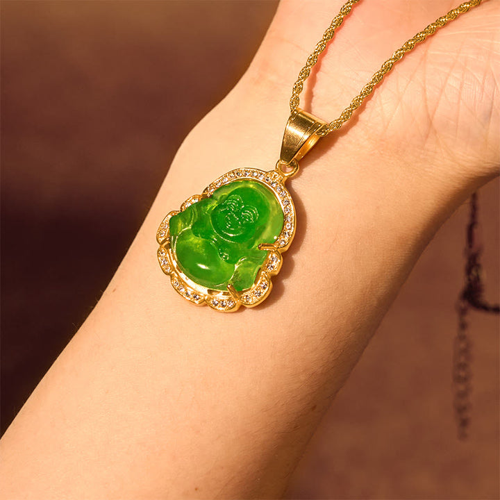 Collier avec pendentif porte-bonheur en jade Bouddha rieur rempli d'or 18 carats de Buddha Stones - image 6