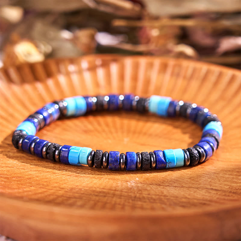 Bracelet de soutien en Buddha Stones, hématite, turquoise, lazurite, lapis-lazuli, pierre de lave et pierre à paillettes noires - Lazurite hématite turquoise 6 mm (Tour de poignet : 14-16 cm) - image 0