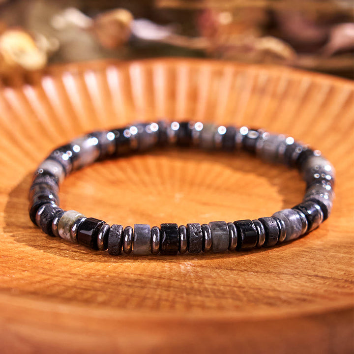 Bracelet de soutien en Buddha Stones, hématite, turquoise, lazurite, lapis-lazuli, pierre de lave et pierre à paillettes noires - Pierre de lave 6 mm, hématite noire pailletée (tour de poignet : 14-16 cm) - image 13