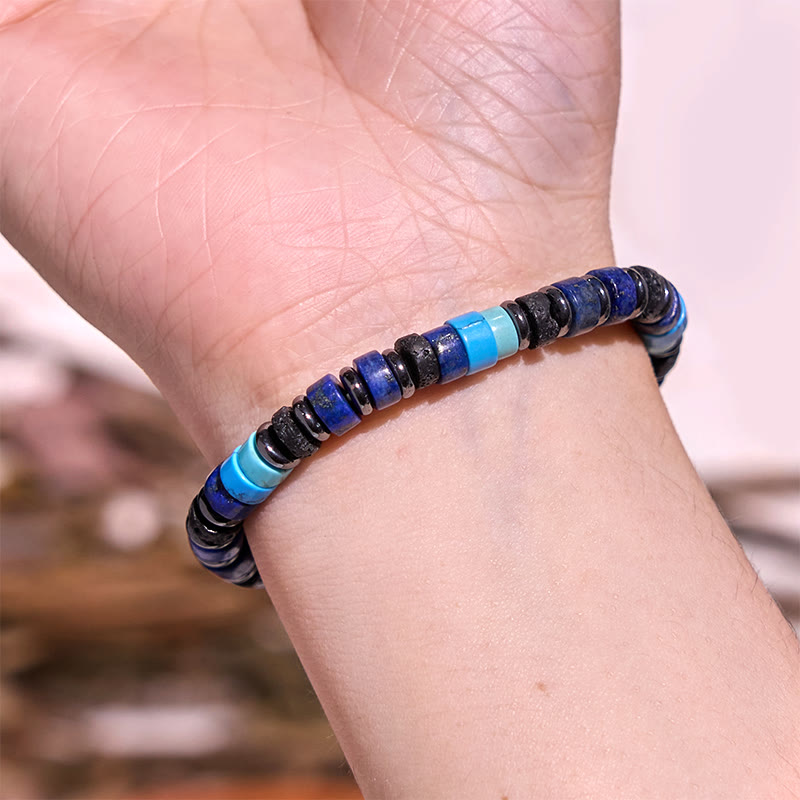 Bracelet de soutien en pierres de Buddha Stones Hématite Turquoise Lazurite Pierre de lave Paillettes noires