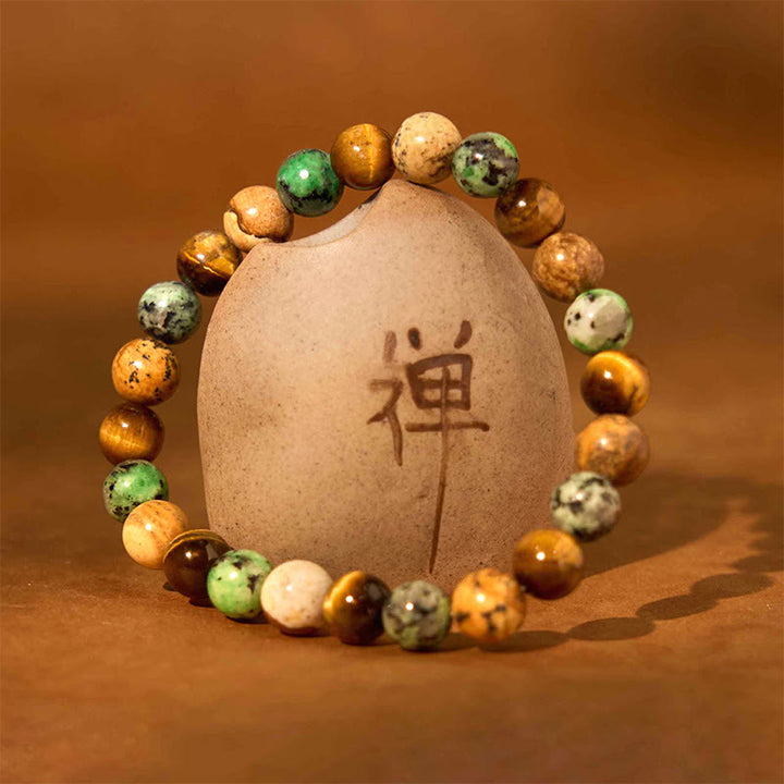 Bracelet de protection en perles mélangées avec Buddha Stones et jaspe turquoise et œil de tigre - image 1