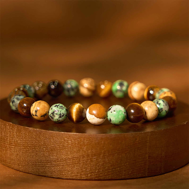 Bracelet de protection en perles mélangées avec Buddha Stones et jaspe turquoise et œil de tigre - Jaspe paysage Turquoise Œil de Tigre (Tour de poignet : 15-17 cm) - image 0