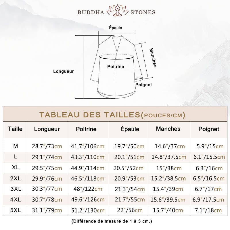 Chemise décontractée à col en V et manches trois-quarts en lin pour homme avec Buddha Stones