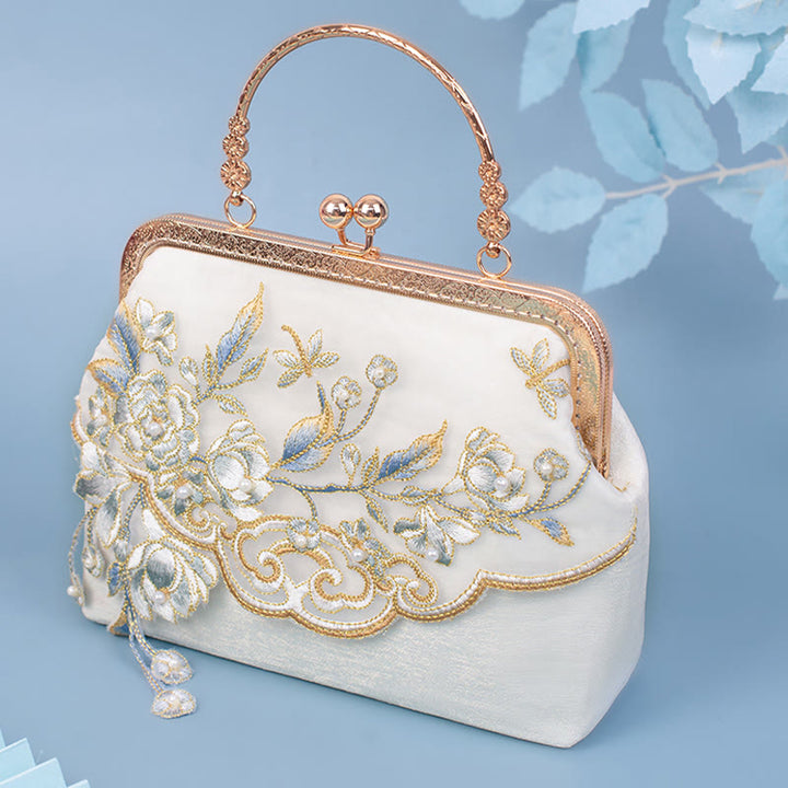 Sac à main à bandoulière avec broderie de fleurs de jasmin et Buddha Stones