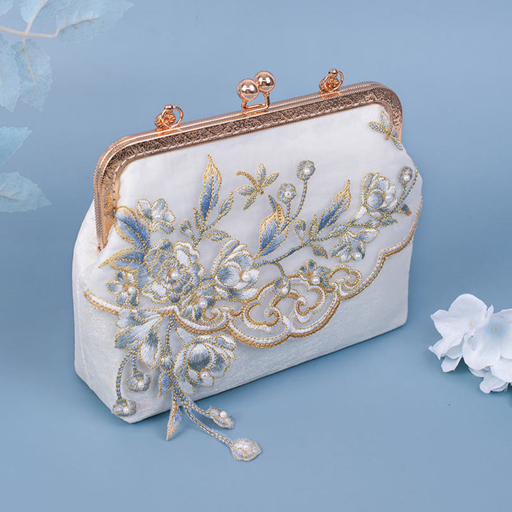 Sac à main à bandoulière avec broderie de fleurs de jasmin et Buddha Stones