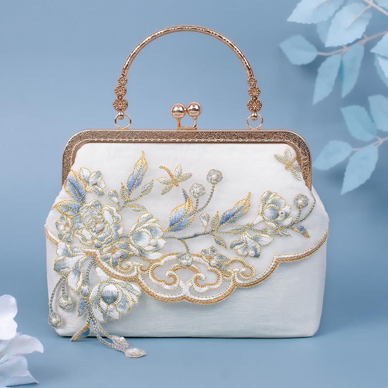 Sac à main à bandoulière avec broderie de fleurs de jasmin et Buddha Stones