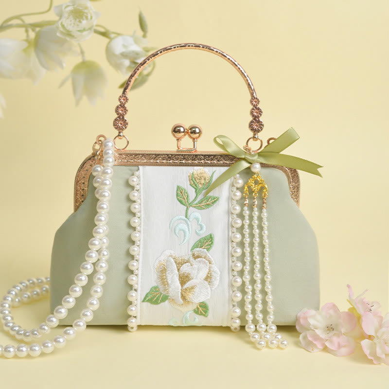 Sac à main avec chaîne en métal et pendentif en perles brodées de fleurs double face en Buddha Stones