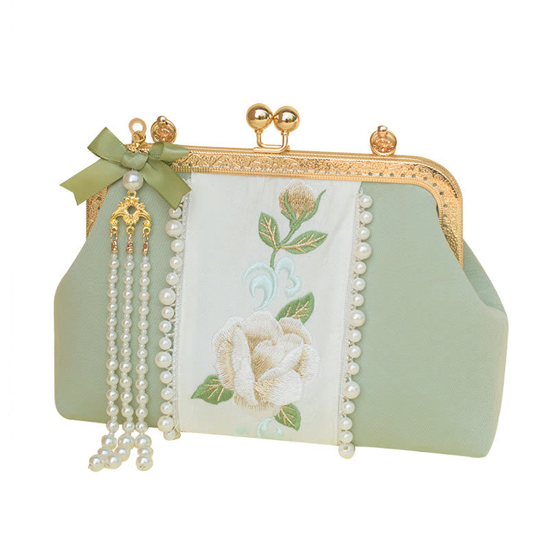 Sac à main avec chaîne en métal et pendentif en perles brodées de fleurs double face en Buddha Stones