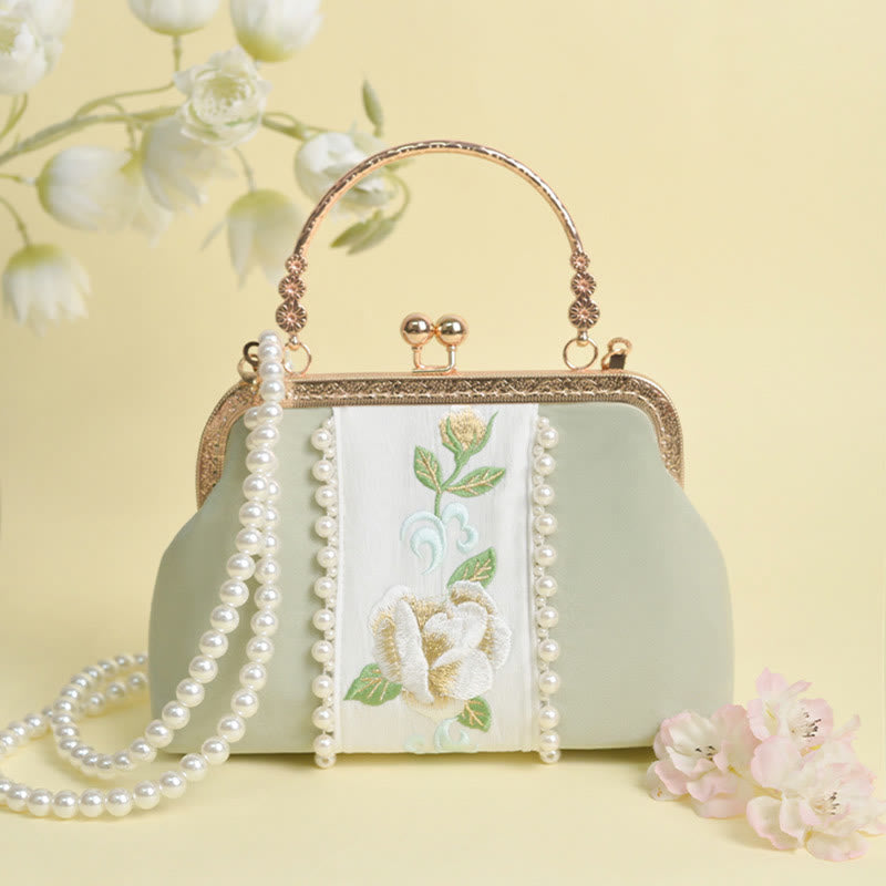 Sac à main avec chaîne en métal et pendentif en perles brodées de fleurs double face en Buddha Stones