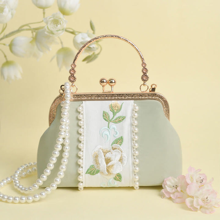 Sac à main avec chaîne en métal et pendentif en perles brodées de fleurs double face en Buddha Stones