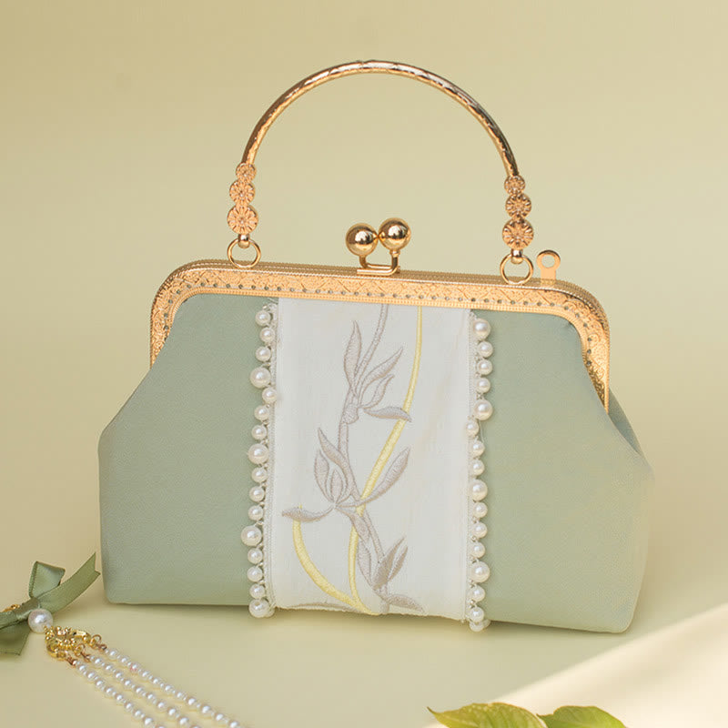 Sac à main avec chaîne en métal et pendentif en perles brodées de fleurs double face en Buddha Stones