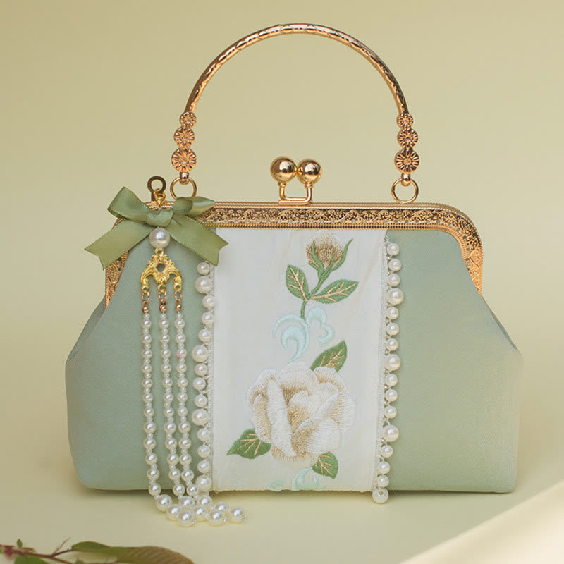 Sac à main avec chaîne en métal et pendentif en perles brodées de fleurs double face en Buddha Stones