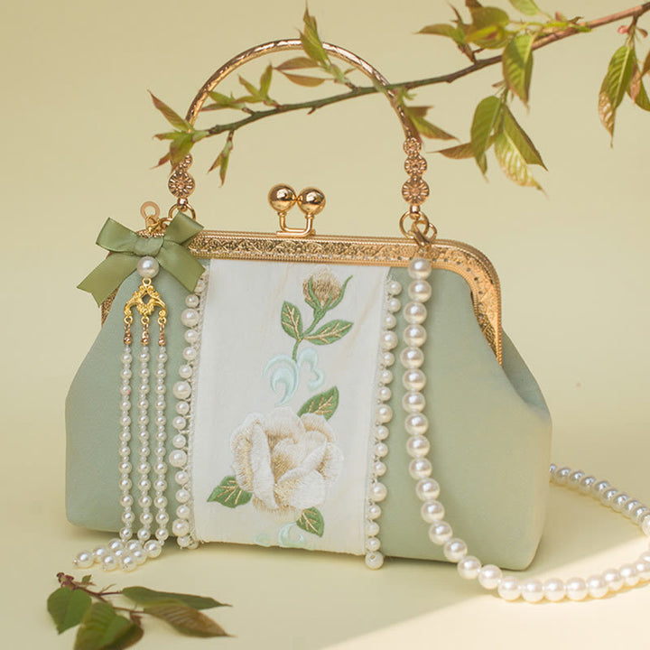 Sac à main avec chaîne en métal et pendentif en perles brodées de fleurs double face en Buddha Stones