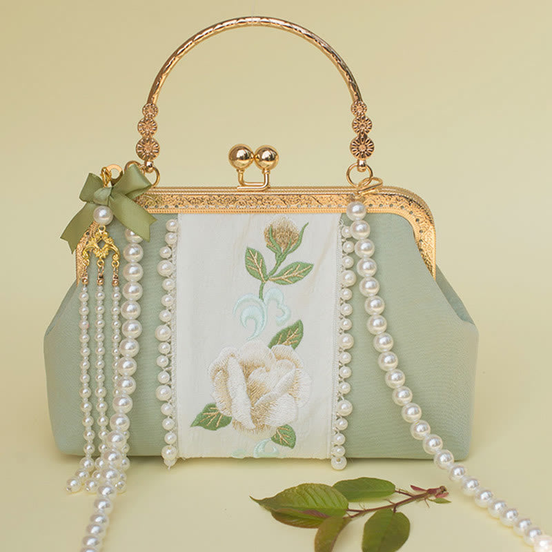 Sac à main avec chaîne en métal et pendentif en perles brodées de fleurs double face en Buddha Stones