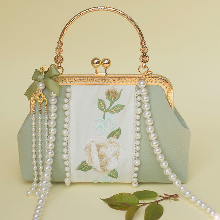 Sac à main avec chaîne en métal et pendentif en perles brodées de fleurs double face en Buddha Stones