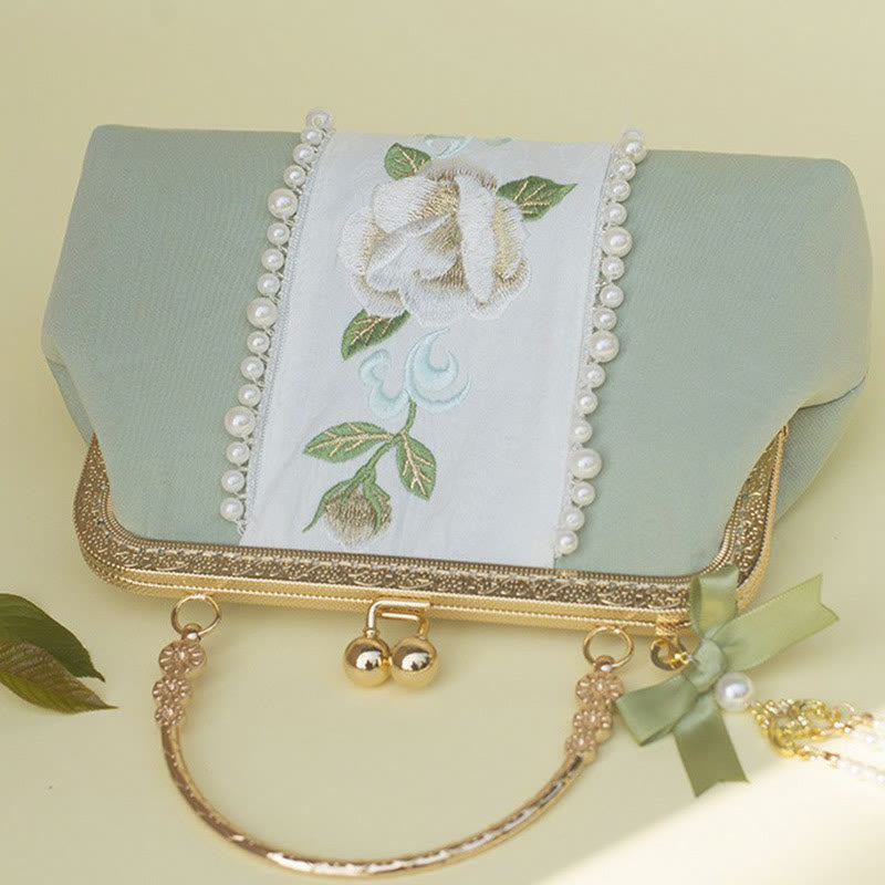 Sac à main avec chaîne en métal et pendentif en perles brodées de fleurs double face en Buddha Stones
