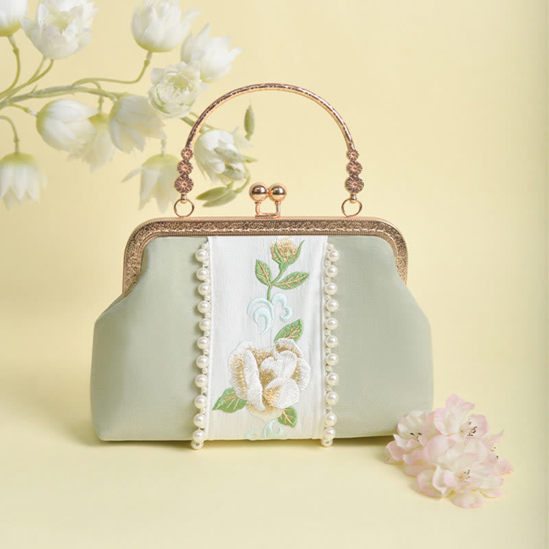 Sac à main avec chaîne en métal et pendentif en perles brodées de fleurs double face en Buddha Stones