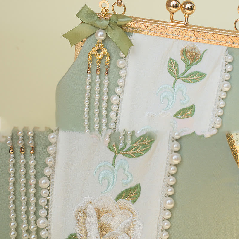 Sac à main avec chaîne en métal et pendentif en perles brodées de fleurs double face en Buddha Stones
