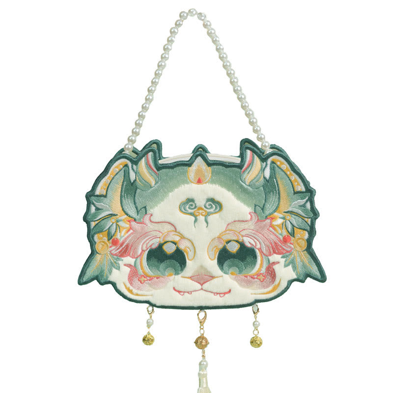 Sac à bandoulière double face avec broderie de perles et pompon, motif bête mythique , Buddha Stones