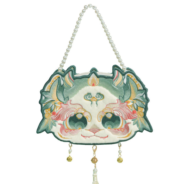 Sac à bandoulière double face avec broderie de perles et pompon, motif bête mythique , Buddha Stones