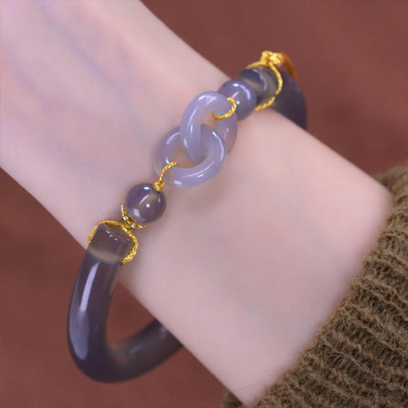 Bracelet manchette demi-jonc en cuivre et agate grise avec crochet en Buddha Stones