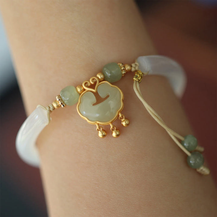 Bracelet manchette en argent sterling 925 Buddha Stones, calcédoine, jade Hetian, nuage de bon augure, serrure Ruyi, harmonie, demi-bracelet