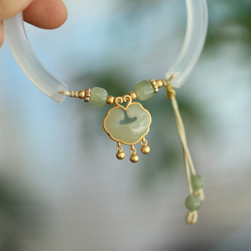 Bracelet manchette en argent sterling 925 Buddha Stones, calcédoine, jade Hetian, nuage de bon augure, serrure Ruyi, harmonie, demi-bracelet