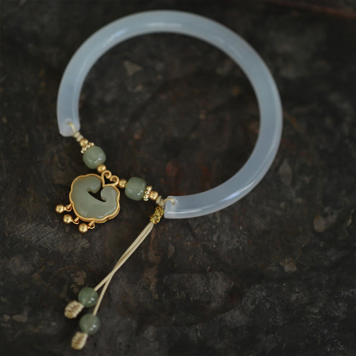 Bracelet manchette en argent sterling 925 Buddha Stones, calcédoine, jade Hetian, nuage de bon augure, serrure Ruyi, harmonie, demi-bracelet