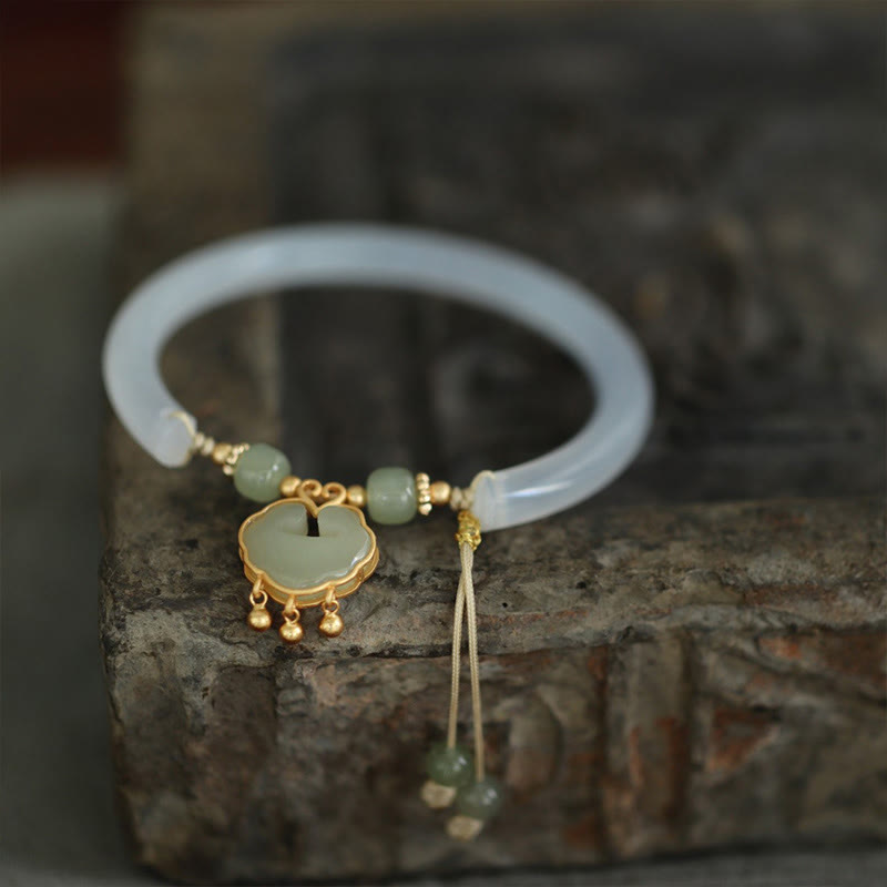 Bracelet manchette en argent sterling 925 Buddha Stones, calcédoine, jade Hetian, nuage de bon augure, serrure Ruyi, harmonie, demi-bracelet