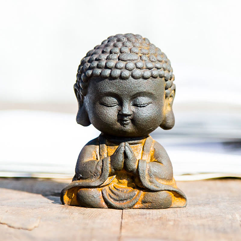 Buddha Stones Petit Bouddha Méditant Poudre de Fer Rouille Statue en Résine Moulée Décoration de la Maison