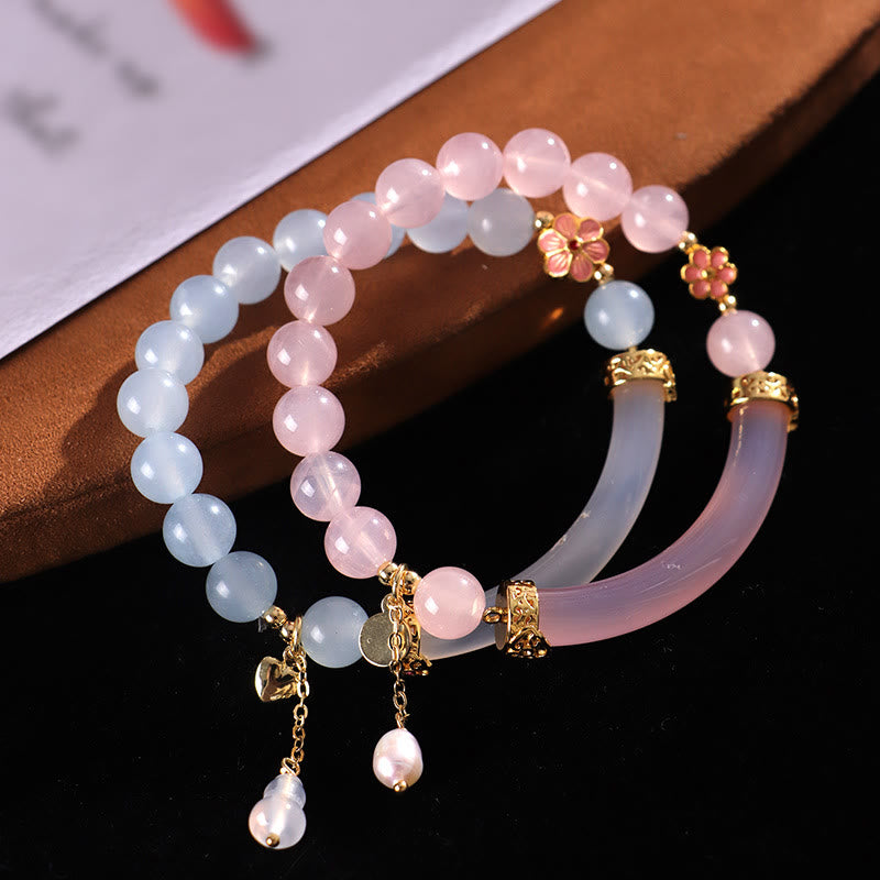 Bracelet manchette en perles de calcédoine bleue et cristal rose Buddha Stones
